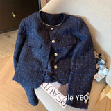 Women's Short Jacket 2025 Spring Autumn Navy Blue Fashion Lady Outerwear Temperament Long Sleeve Ladies Small Fragrant Coat