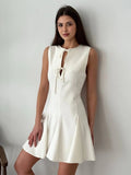 Pleated Tank Mini Dress For Women Bows Lace Up Hollow Sleeveless A-line Dress Fashion Commuting Clothes Solid Lady Dress