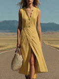 Pbong  Elegant Solid Color Maxi Dress Women Summer Fashion Sleeveless V-neck Maxi Dresses Casual