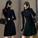 Pbong  Women's Knitted A- Line Mini Dress Hepburn Little Black Dress Autumn Winter Inner Wear Slimming Base Layer Skirt For Coat
