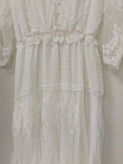 Hollow Out White Dress Sexy Women Lace Long Dress Cross Semi-Sheer Plunge V-Neck Short Sleeve Lace Maxi Dress