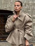 Brown Shoulder Pad Woolen Overcoat Women Elegant Lapel Single-breasted Long Sleeve Coat 2025 Autumn Lady Commuter Outerwear