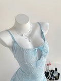 Pbong  Elamini Sweet French Bow Collar Embroidered Floral Decor Holiday Dress, Waist Gathered Ballerina Style Spaghetti Strap Dress