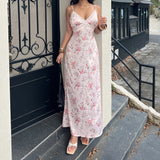Pbong  Holiday Fashion Floral Printed Lace Patchwork Strap Dress Women's Elegant Slimming A-Line Woven Outfits Summer Long Sundress New