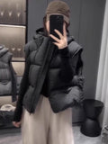 Vintage Y2K Puffy Vest Women Loose Sleeveless Warm Winter Cotton Vest Streetwear Casual Retro American Solid Hooded Vest