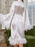 Pbong  Women Satin Robe Sleepwear Solid Color Casual Feather Trim Long Sleeve Pajama Dress Ladies Loungewear Nightwear Bathrobe