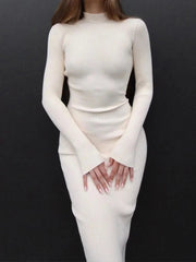 Knitted White Dress Women Elegant Fashion Turtleneck Bodycon Midi Dresses Female Autumn Winter Long Sleeve Slim Streetwear Dress