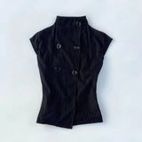 French Vintage Stand Collar Constrast Color Striped Blouse Y2k Aesthetic Double Breasted Punk Clothes Harajuku High Street Tees