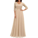 Pbong  New 6-Color 5-Size Lace Splicing Long Waist-Cinching Elegant Dress Floor-Length V-Neck Polyester Fiber Evening Gown Dress