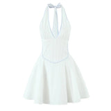 Halter Neck Patchwork White Women Dress V-neck A-line Pleat Party Summer Dress New Y2K Sweet Backless Beach Female Clothes