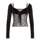 Y2k Retro Leopard Lace Trim V-Neck Blouses Women Velvet Long Sleeve Chic T-Shirt Trendy Clothes Autumn New