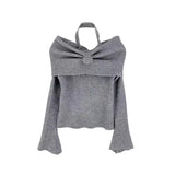 Autumn Winter American Halter Draped Flower Design Sweaters Y2k Korean Simple All Match Slim Pullovers Off The Shoulder Clothes