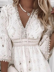 Summer Boho Dress Women Beach Sundress Fashion Embroidery Hollow Out Lace Up Mini Dress Female White Lace Holiday Dress