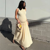 Fashion Simple Design Patchwork Long Dress New Sleeveless A-line Pleat Elegant Chic Summer Dress Streetwear Female Clothing
