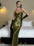 Women Green Satin V-neck Spaghetti Strap Dress Elegant Backless Sleeveless Bodycon Long Dresses Summer Sexy Party Club Vestidos