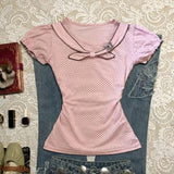 Pbong  2000s Harajuku Vintage Tops Japanese Style Sweet Bow Polka Dot T Shirts Y2k Casual Short Sleeve Korean Fashion Lolita Tees Chic