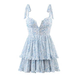 Boho Inspired Corset blue Floral Print sexy party dress bow tied Straps Dress women Chiffon tiered Ruffle cute Mini summer dress