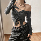 Pbong  Gray Mystic Sexy Lace Cutout Retro Mature Charm Feminine Party Queen Senior Women's Long Sleeve Tuxedo Top