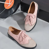 Pbong  High Quality Pink Low Heels Shoes Women Round Toe Patchwork Lace-up Designer Loafers Comfortable Oxford Ladies Shoes