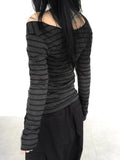 Japanese Basic Slim Long Sleeve Stripe Tee Off Shoulder O Neck Korean Street Style Spring Autumn Y2K Gray T Shirt Women