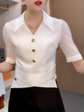 Pbong  Women's Polo Collar Short Sleeve Shirt Summer Slim Fit Premium Versatile Casual Tops High End Texture