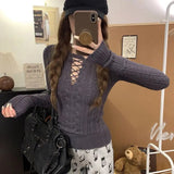 Half Lace Up Sweater for Women Long Sleeve Slim Fit Knitted Tops Pullovers Femal Lace-up Jumper Autumn Winter Y2K Outfit