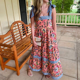 Pbong  Women Cottage Boho Maxi Dress Floral Tie Shoulder Flowy Long Dress Summer Beach Square Neck Ruffle Tiered Sundress