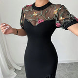 Pbong  Sexy Mesh Spliced Women Fishtail Dress Stylish Jacquard Irregular Hem Midi Vestidos Evening Party Female Black O-Neck Dress