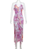 Flower Print Dress Woman Summer Strapless Splits Irregular Tassel Patchwork Backless Bandage Party Skinny Vestidos
