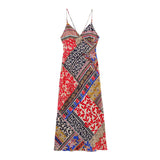 French Patchwork Printed Spaghetti Long Dress Backless Slim Women Dress Ethnic Style Bohemian Holiday Dress For Summer 2025