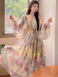 Autumn Elegant Women Floral Midi Dress Long Sleeve Vintage Party Birthday Vestidos Female A-Line Mujers Fall Clothes New