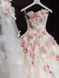 Pbong  White Floral Bustier Wedding Dress Exquisite Embroidery Heavy Embellishment Long Train High Waist Gown for Bride