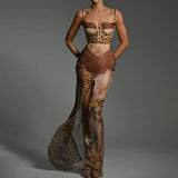 Leopard Print Sexy Maxi Dress For Women Lace Gown Patchwork Chiffon Sleeveless Backless Slit Dress Female Vacation Beach Dresses