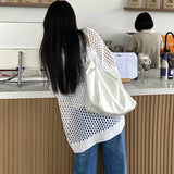 Oversized Crochet Top for Women Long Sleeve Crew Neck Casual Open-knit Sweater Pullovers Top Teen-girl Grunge Y2K Outfit