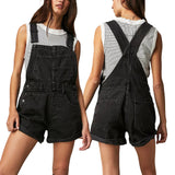Pbong  Women's Y2K Vintage Retro Denim Bib Overalls Adjustable Straps Pocket Romper Shorts Casual Rolled Cuff Shortalls