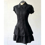 Pbong  Vintage Lace Patchwork Shirt Dress Women Lolita Preppy Style Button Short Sleeve Dress Slim Harajuku Y2K Tiered Gothic Vestidos