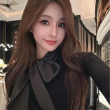 Pbong  Blackbow Sexyknit Long Sleeve T-Shirt Autumn Elegant Slimming Inner Base Top Bow Decoration Crew Neck Full Sleeve Chinese Made