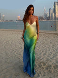 Satin Print Sexy Maxi Bodycon Beach Dress Summer Women Dye Tie Backless Elegant Party Dresses Holiday Outfits