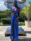 Lace See Through Strapless Sexy Maxi Dress For Women Gown Halter Hollow Out Sleeveless Backless High Split Long Dress