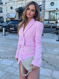 Shorts Sets Womens Outfits Elegant Houndstooth Tweed Set Cropped Blazer And High Waist Skort False Bejeweled Button 2 Piece Suit