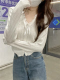 Women's Pointelle Knit Cardigan with Bow Long Sleeve Button Front Sweater Openwork Cardi Teen-girl Fairycore Balletcore Outfit