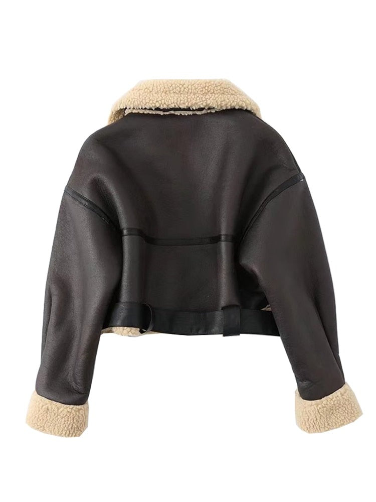 Women Fashion Thick Warm Faux Shearling Jacket Coat Vintage Long Sleeve Belt Hem Female Outerwear Chic Tops