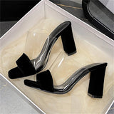 Pbong  Fashion Design Splicing PVC Transparent Open Toe Women Slippers Summer Square High Heels Party Slide Shoes