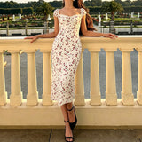 Pbong  Holiday Fashion Floral Printed Lace Patchwork Dress Romantic Elegant Slimming Straight Square Neck Midi Sundress Women's Dresses