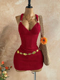 Pbong  Brown Textured Halter Mini Dress with V-Neck and Waist Chain Detail