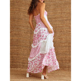 Pbong  Women Summer Boho Lace Trim V-Neck Smocked Adjustable Spaghetti Strap Cross Backless Ruffled Floral A-Line Long Dress