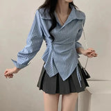Fashion Slim Striped Shirt Women Elegant Korean Long Sleeve Blouse Casual Irregular Female Spring Sweet Chic All Match Top