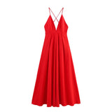 Red Backless Vacation Long Dress 2025 New Solid Color Sleeveless Beach Slip Dress Vestidos Fashion Chic Simple Woman Clothing