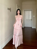Pink Satin Backless Maxi Dress For Woman Shirring Beading A Line Long Tube Dress 2025 Summer Vacation Clothes