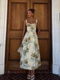 Women Fashion Print Wrap Chest High Waist Dress Elegant Square Neck Backless Lace-up A-line Dresses Summer New Vocation Vestidos